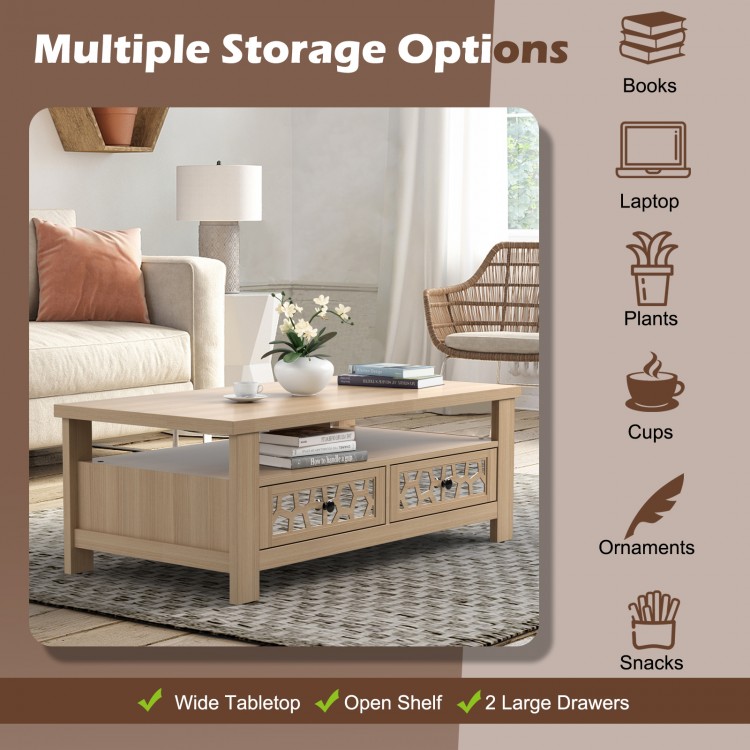 3-tier coffee table with wide tabletop, 2 drawers, and open shelf for versatile storage in natural finish.