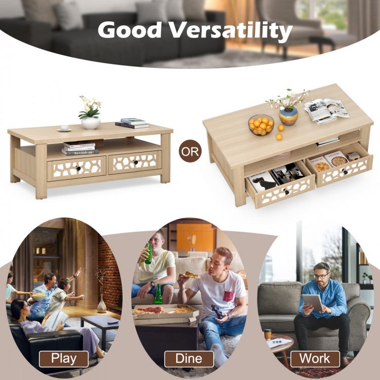 3-tier natural coffee table with 2 drawers, featuring a wide tabletop for versatile use in living or reception rooms.