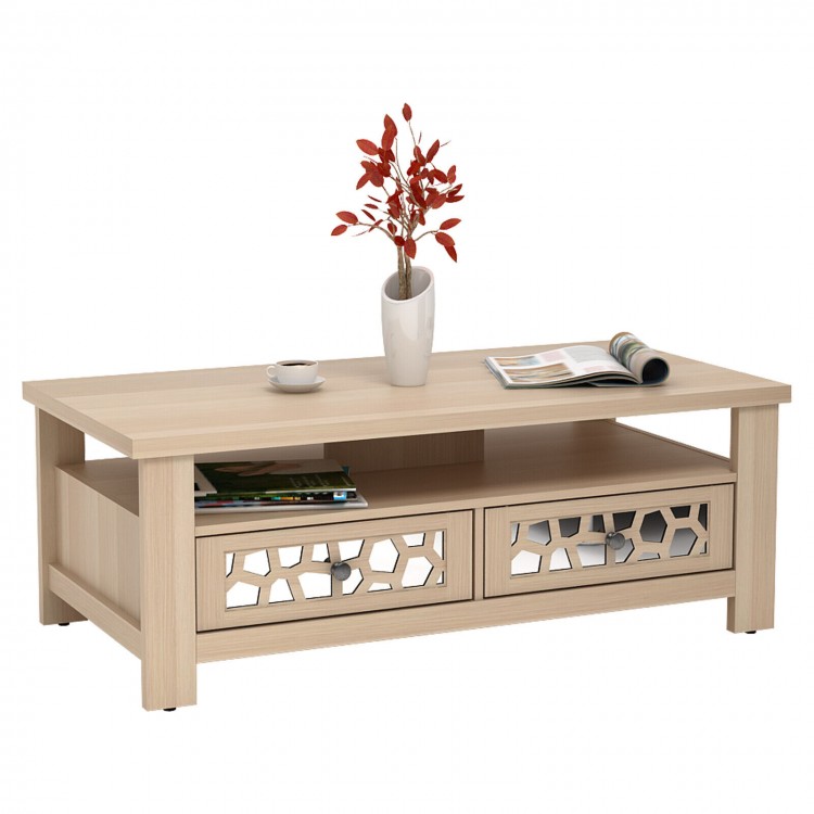 Natural 3-tier coffee table with 2 drawers, open shelf, and 5 support legs, ideal for living room use.