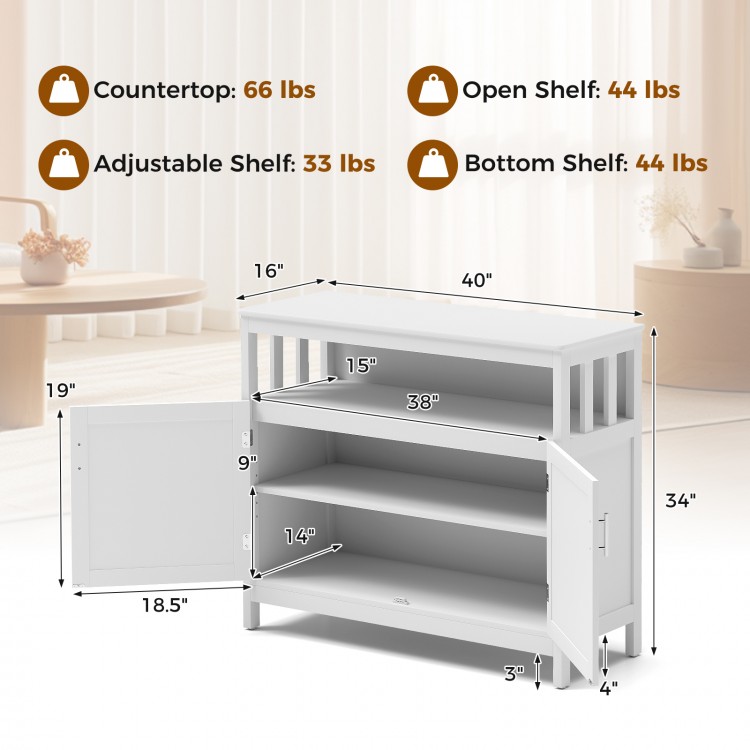 White kitchen buffet server sideboard showing dimensions, featuring 2 doors and an adjustable shelf for organized.