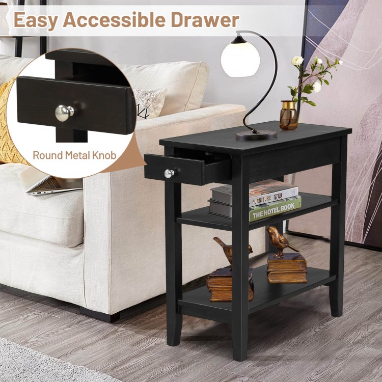Black side end table with drawer and 2 open shelves, perfect for small spaces and home organization.