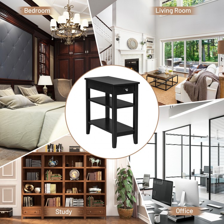 Black side end table with drawer and 2-tier open storage shelves, ideal for small spaces in any room.