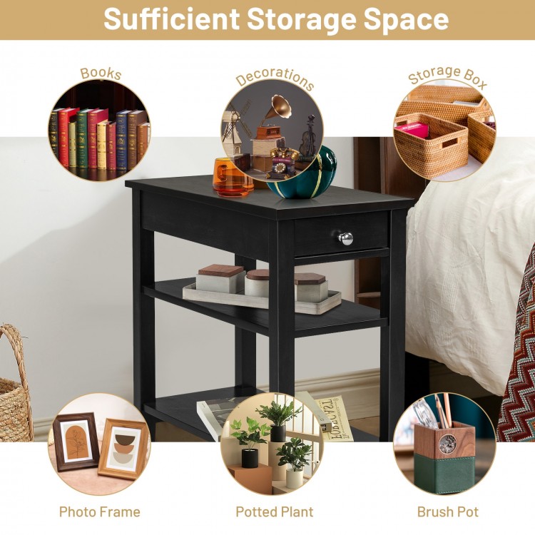 Black side end table featuring a storage drawer and two open shelves, designed for stylish and functional home.