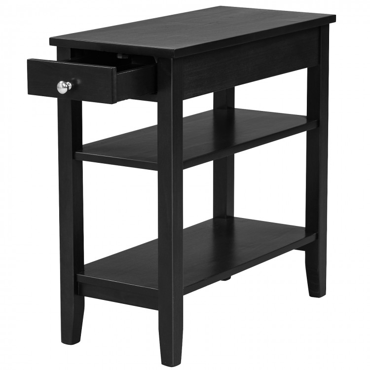 Black side end table with drawer and 2-tier open storage shelves, perfect for small spaces and home organization.