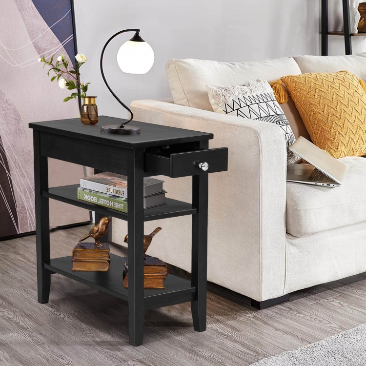 Black side end table with drawer and 2 open shelves, perfect for small spaces and modern home decor.