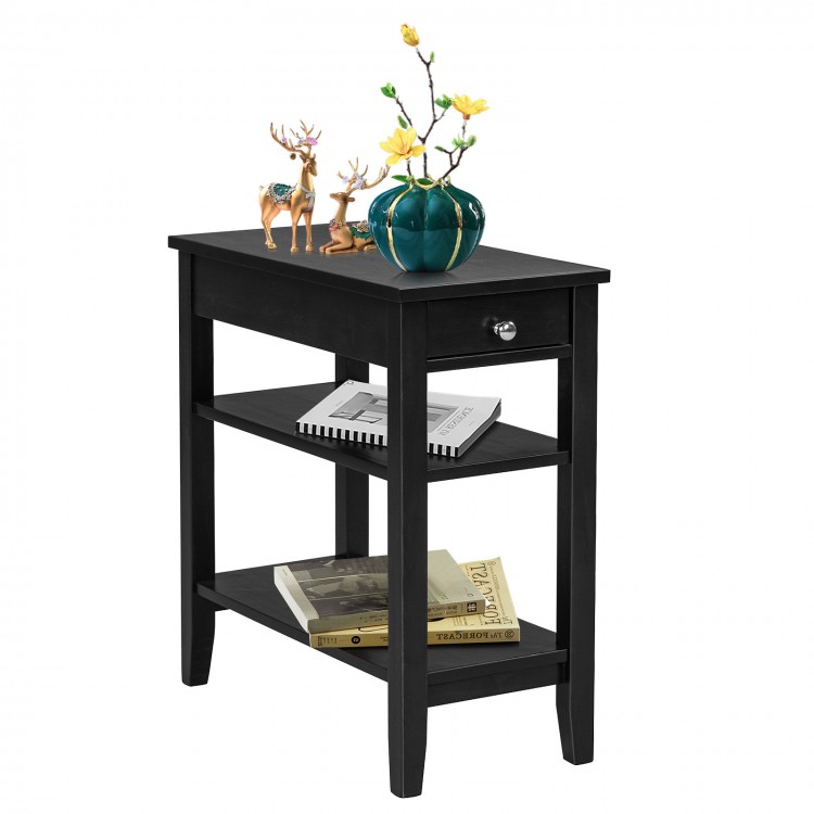 Black side end table with drawer and 2-tier open storage shelves, perfect for small spaces and home decor.