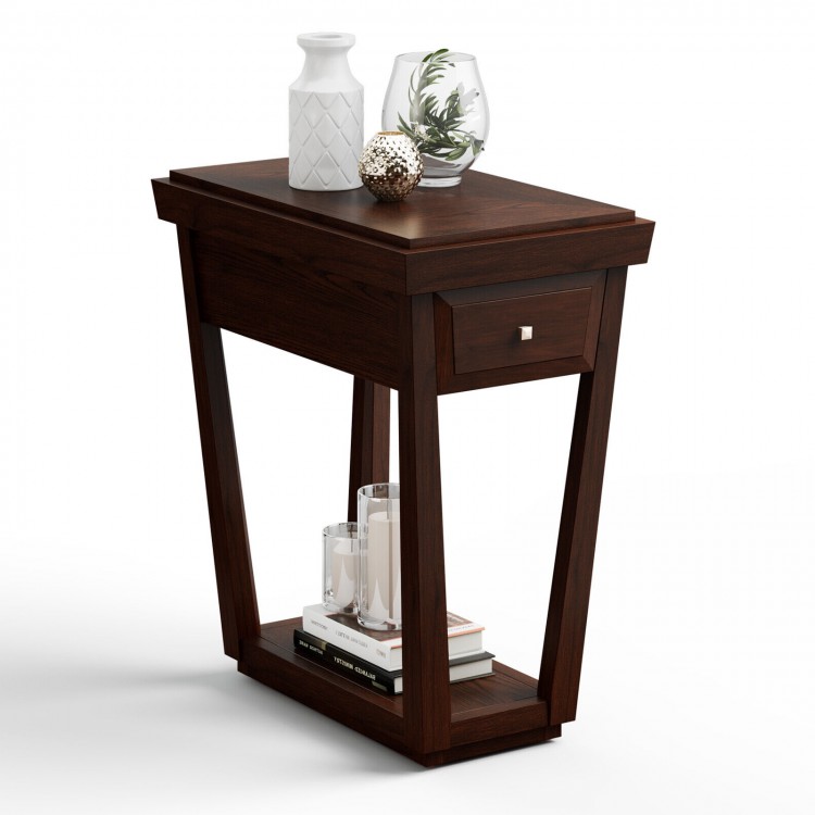 Classic end table in dark rubber wood with a drawer and bottom shelf, ideal for living room or bedroom organization.