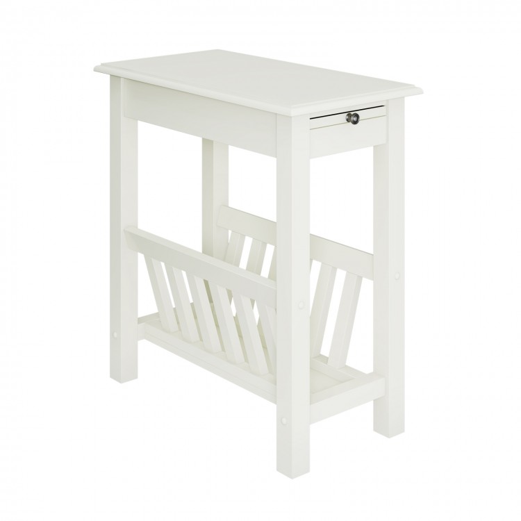 White 2-tier end table showcasing a pull-out tray, sturdy rubber wood legs, and a charming fence design for added.
