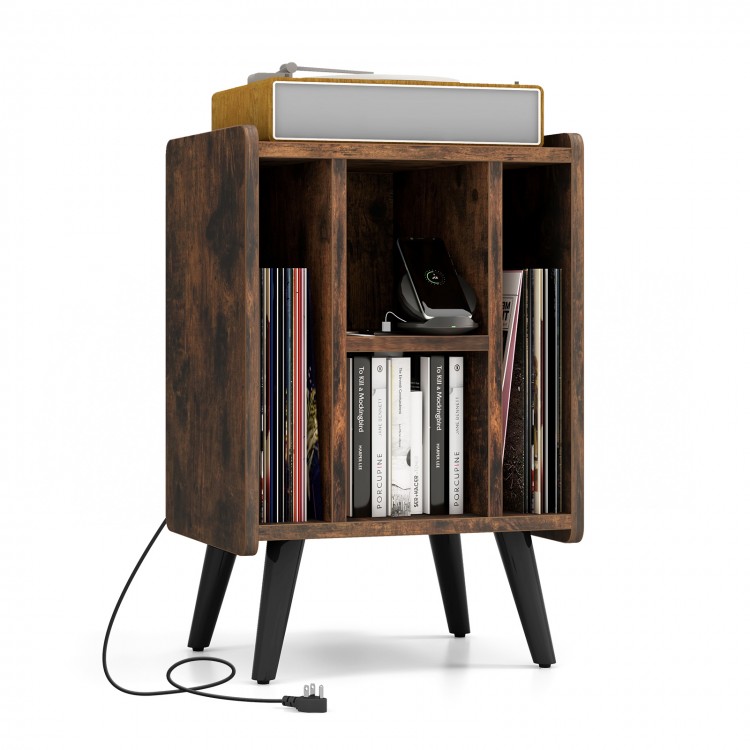 Vinyl record storage turntable stand in brown with 4 open shelves, ideal for living room or bedroom organization.