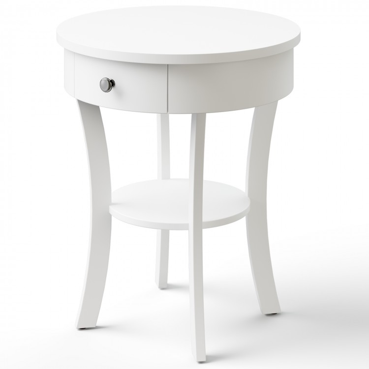 Round white end table with open drawer and shelf, made of MDF, perfect as a bedside or snack table.