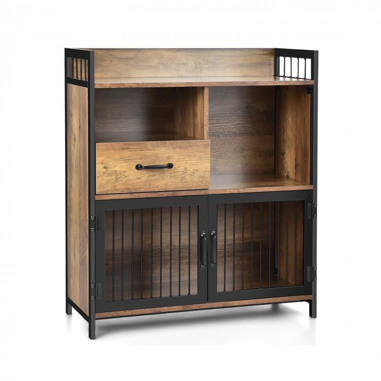 Rustic brown buffet server sideboard showcasing a deep drawer and open shelves, ideal for kitchen and dining.