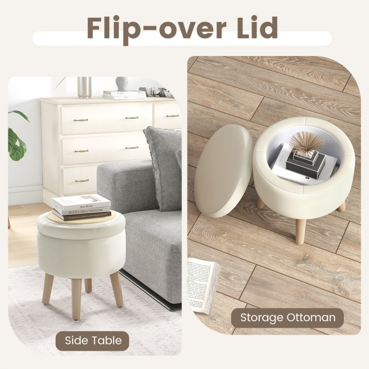 Round beige storage ottoman with rubber wood legs, flip-over lid for use as a side table, ideal for living room or.