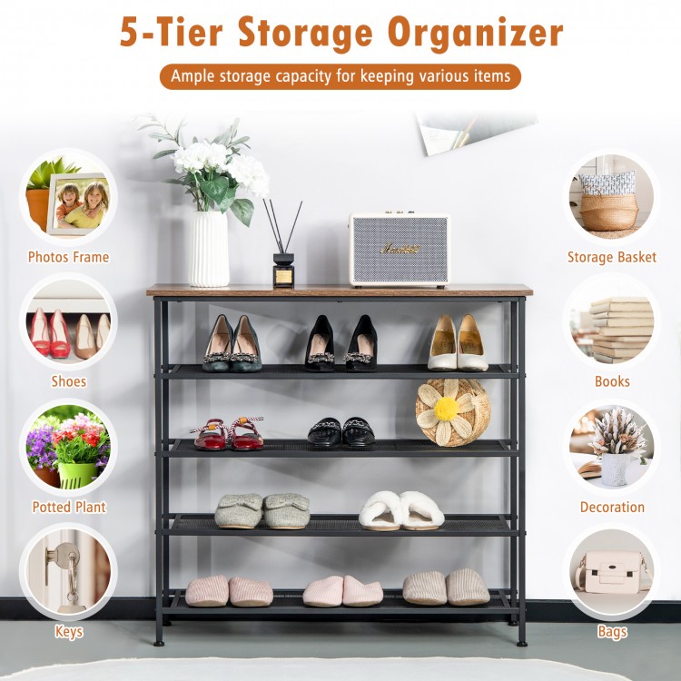 5-tier metal shoe rack with wooden top, adjustable shelves for 16-20 pairs, ideal for entryway or living room storage.