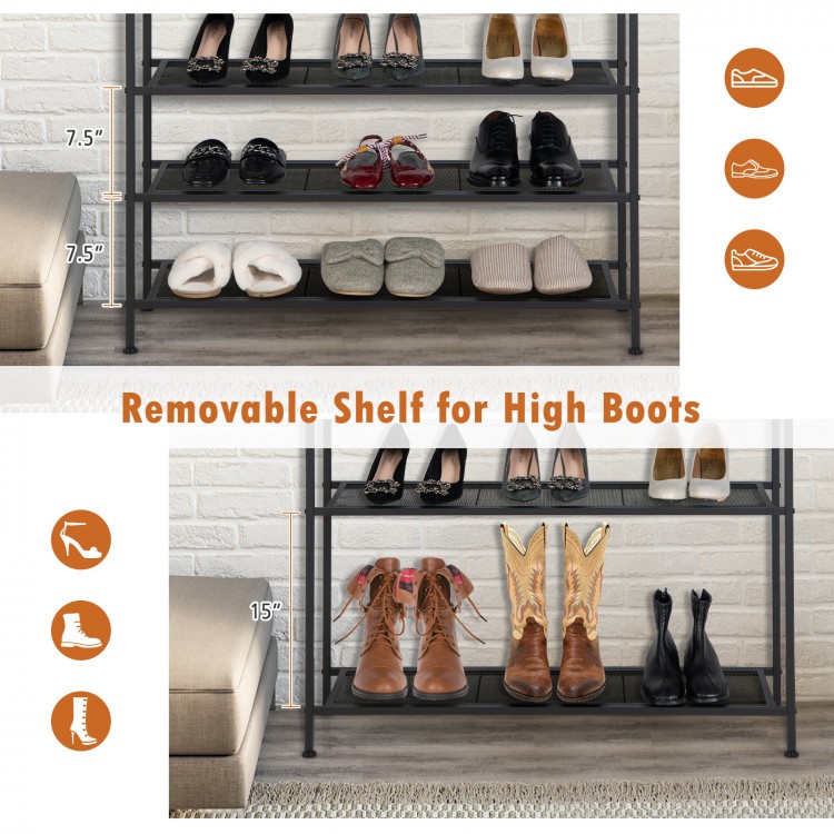 5-tier metal shoe rack showcasing adjustable shelves for high boots, ideal for entryway or living room storage.