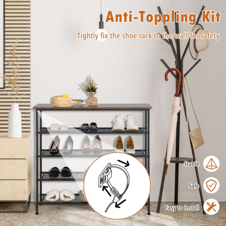 5-tier metal shoe rack with adjustable shelves, sturdy steel frame, ideal for entryway or living room storage.
