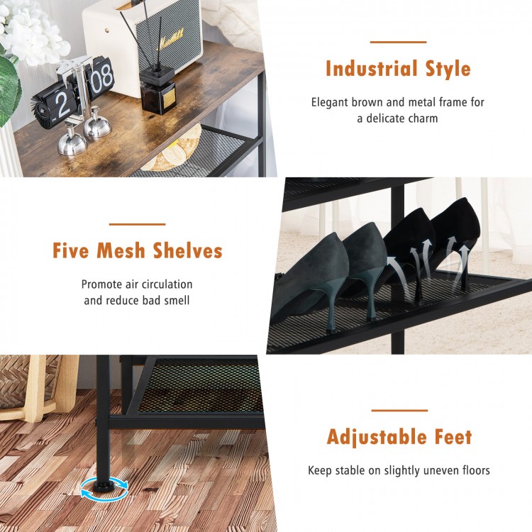 Industrial 5-tier metal shoe rack with adjustable feet, featuring five mesh shelves for air circulation and stability.