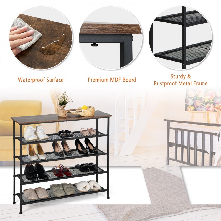 Industrial adjustable 5-tier metal shoe rack with a sturdy frame, waterproof surface, and ample storage for 16-20 pairs.