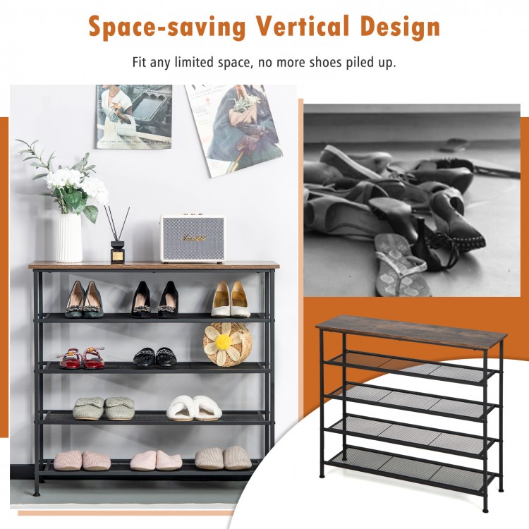 5-tier metal shoe rack with a sturdy frame, featuring open shelves for 16-20 pairs, perfect for entryway storage.