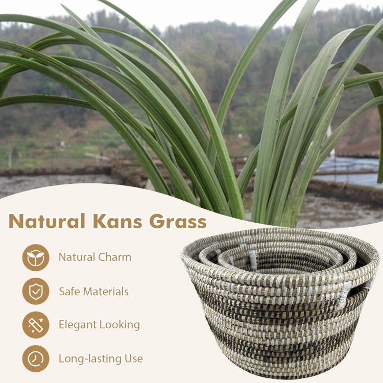 Natural canes grass storage basket set of 3 with hollowed handles, elegant design for organized living spaces.