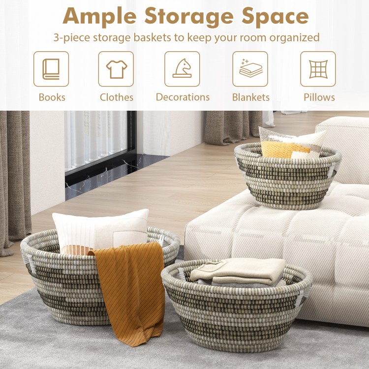 Set of 3 natural canes grass baskets with hollowed handles for organized storage and easy transportation.