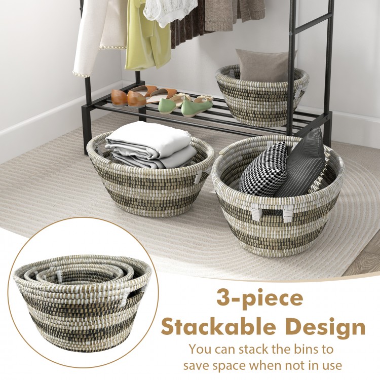 Natural canes grass baskets set of 3 with hollowed handles, stackable design for convenient storage and organization.