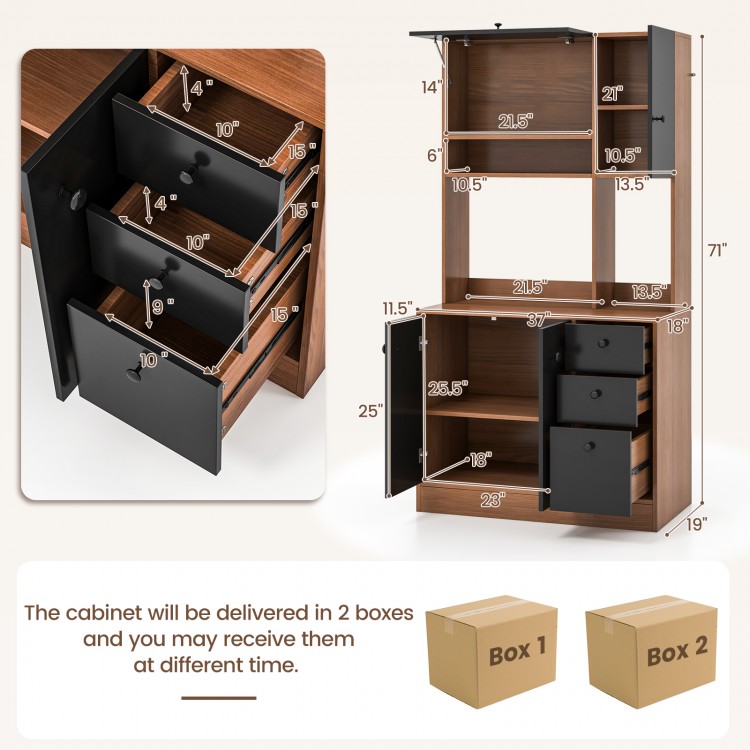 Detailed view of the 71-inch walnut kitchen pantry's adjustable shelves and spacious compartments for organized storage.