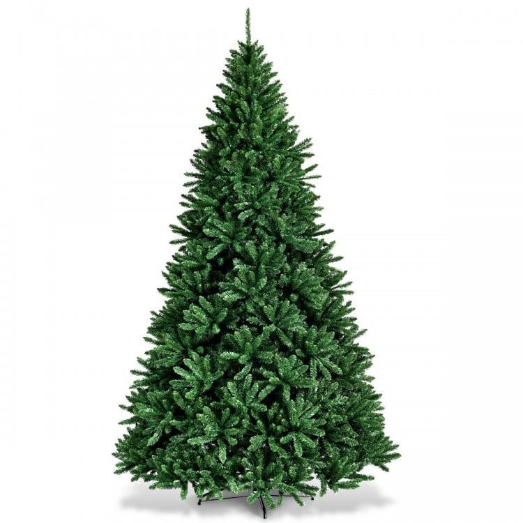 9-foot hinged artificial Christmas tree with 3594 branch tips, featuring a sturdy metal stand for stability and easy.