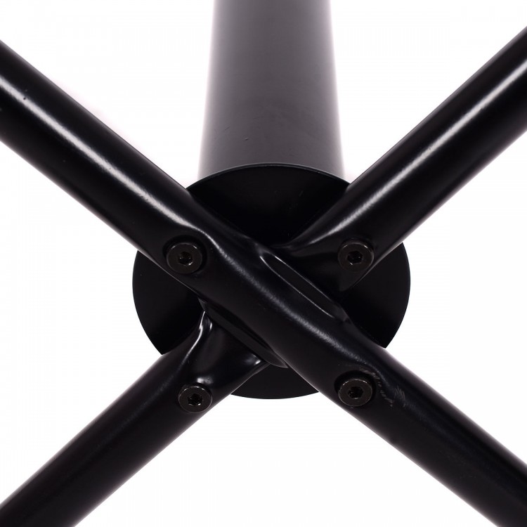 Close-up of the sturdy base of a metal coat rack with a premium powder-coated steel construction for stability.