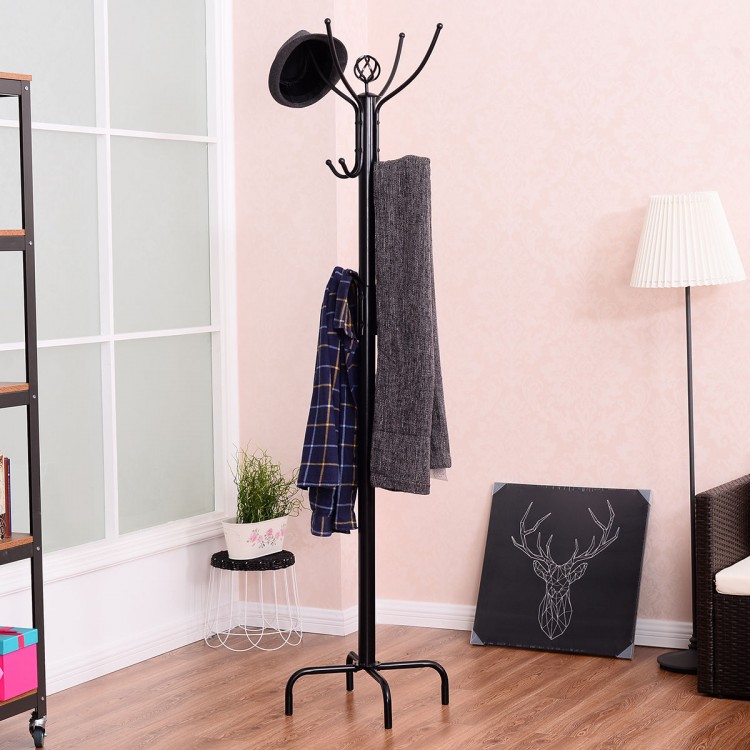 Metal coat rack with 12 hooks, featuring a sturdy base and elegant design, perfect for organizing coats and hats.