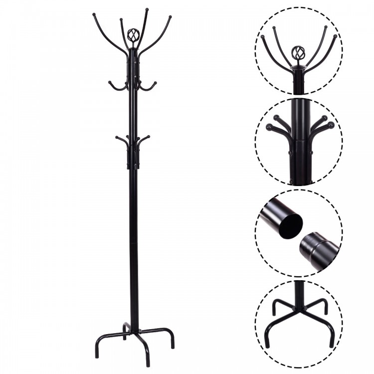 Metal coat rack with 12 hooks in black, featuring a sturdy base and elegant design for versatile room use.