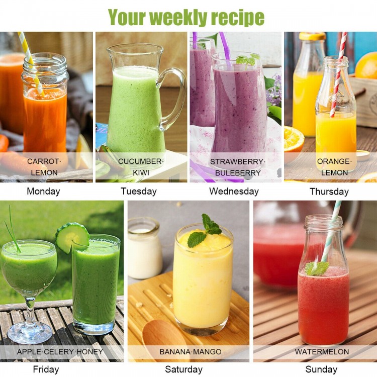 Slow masticating juicer with 4.8" feed plate, designed for high juice yield and quiet operation, perfect for healthy.