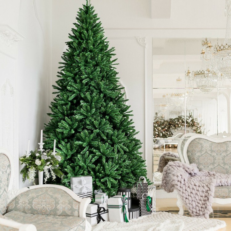 9-foot hinged premium artificial Christmas tree with 3594 branch tips, featuring a sturdy metal stand for stability.