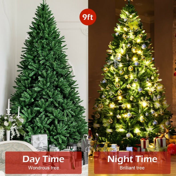 9ft hinged premium artificial Christmas tree with 3594 branch tips, shown in day and night settings for festive.