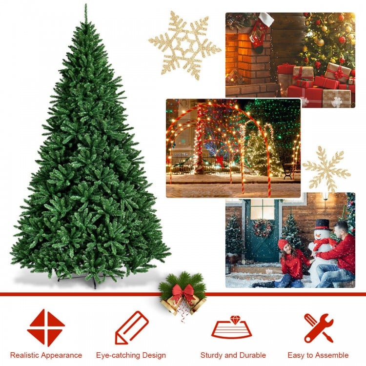 9 feet hinged artificial Christmas tree with 3594 branch tips, sturdy metal stand, perfect for festive home decoration.