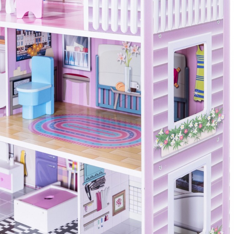 Interior view of the 28-inch pink dollhouse showcasing colorful furniture, rugs, and rooms for imaginative play.