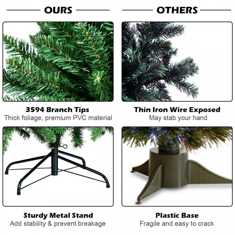 9 feet hinged artificial Christmas tree with 3594 branch tips, solid metal stand for stability and easy decoration.