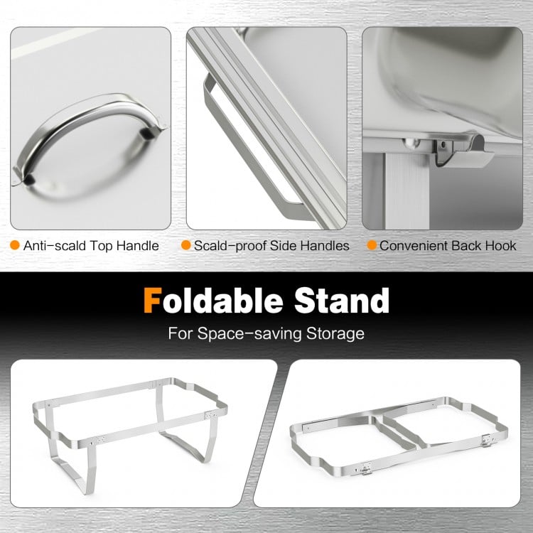 Foldable stainless steel stand with scald-proof handles and back hooks for 9-quart chafer buffet storage and.