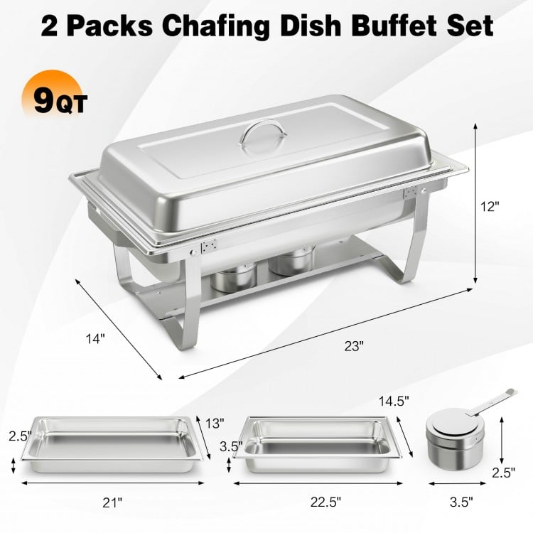 9QT stainless steel chafing dish buffet set with lid, ideal for parties and events, featuring scald-proof handles.