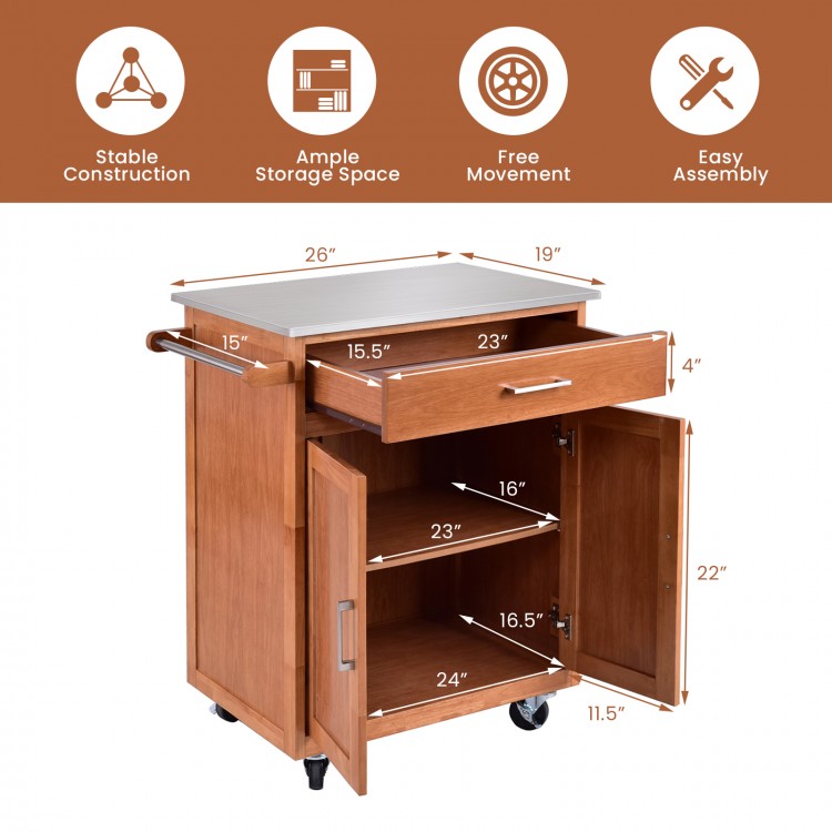 Wooden kitchen rolling storage cabinet with stainless steel top, featuring a drawer, shelves, and four casters for.