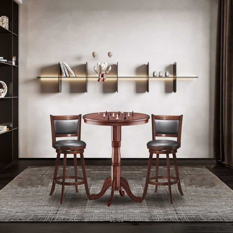 42-inch wooden round pub table with chessboard design, featuring a sturdy pedestal and adjustable foot pads for.