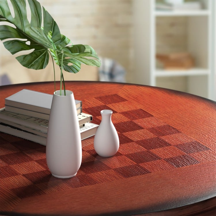 Round wooden pub pedestal side table with chessboard design, featuring a sturdy structure and elegant mid-century style.