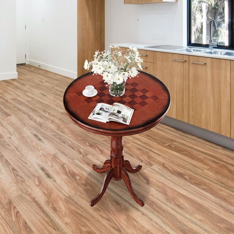 Round wooden pub pedestal side table with chessboard design, perfect for dining rooms or bistros, featuring a sturdy.