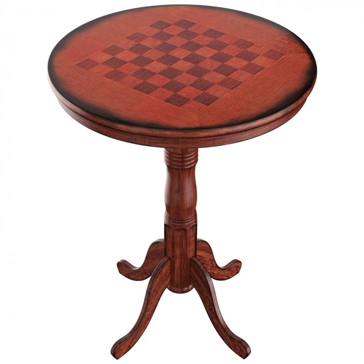 Round wooden pub pedestal side table with chessboard design, sturdy solid wood, ideal for dining or bistro use.