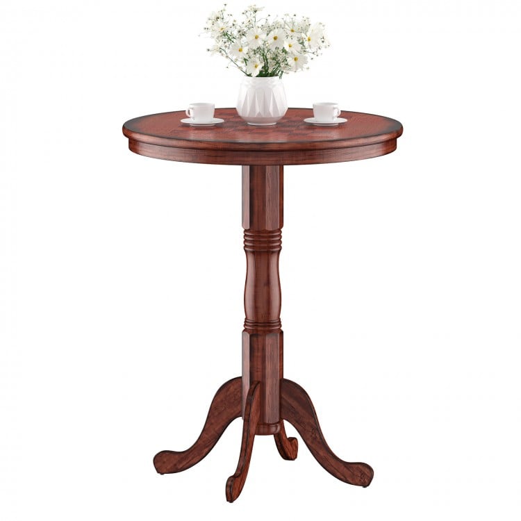 42-inch wooden round pub pedestal side table with chessboard design, perfect for dining rooms or bistros.