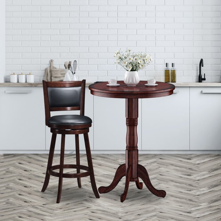 Mid-century style wooden pub table with chessboard top, featuring a sturdy pedestal and elegant design for any space.