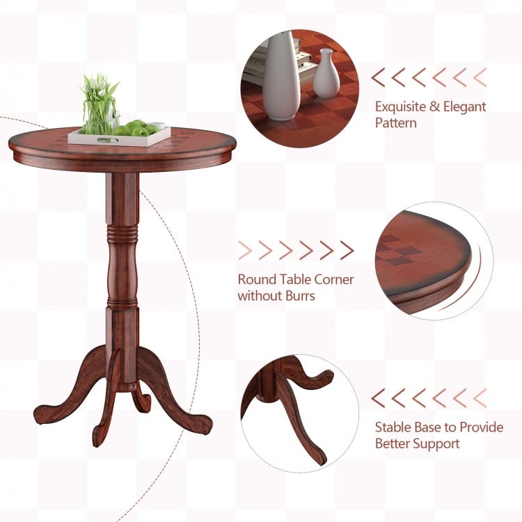 Round wooden pub pedestal side table with chessboard design, sturdy base, and elegant mid-century style for versatile.