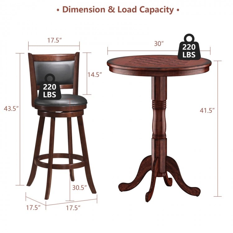 42-inch wooden round pub pedestal side table with chessboard top, featuring a thickened surface and sturdy construction.