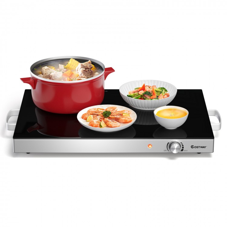 Electric warming tray with adjustable temperature, featuring a glass top and stainless steel base, ideal for buffets.