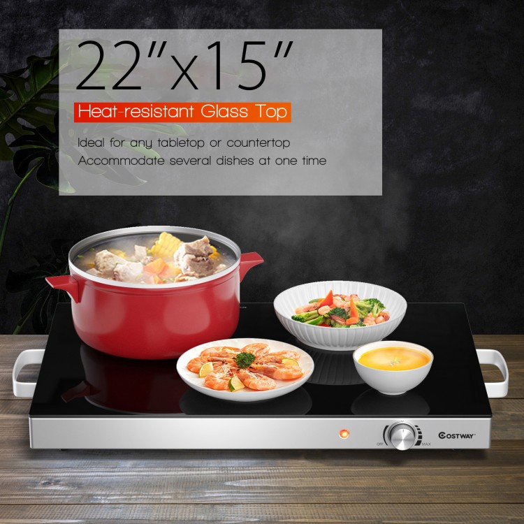 Electric warming tray with a 22"x15" heat-resistant glass top, adjustable temperature, ideal for buffets and family.