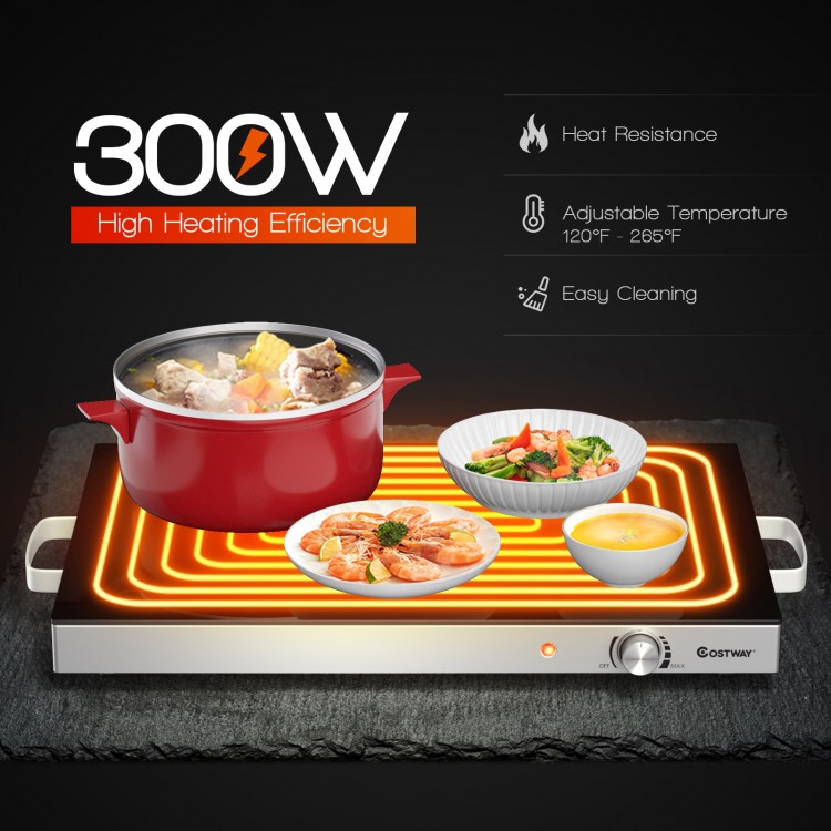 Electric warming tray with a spacious glass top, adjustable temperature, and stainless steel finish for buffets and.